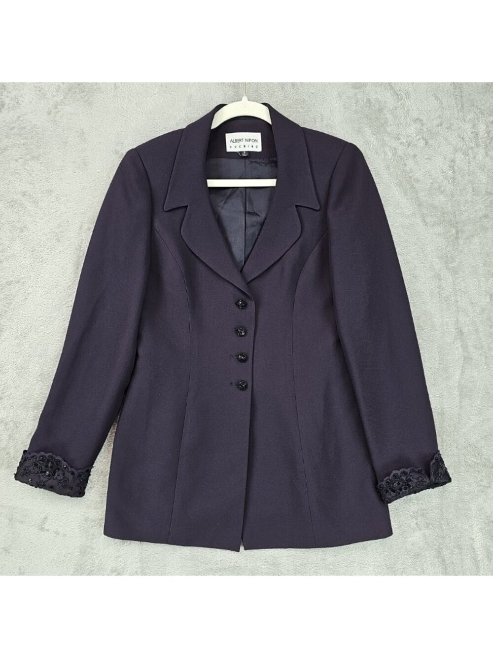Albert Nipon Evening Suit Jacket Womens 4 Purple Beaded Lace Cuff Blazer